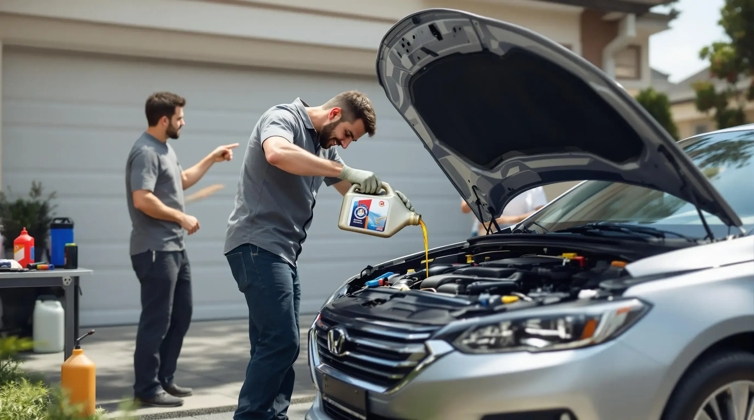 adding oil to car